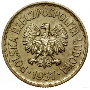 1 złoty 1957, Warszawa; nominał 1, wklęsły napis PRÓBA ...