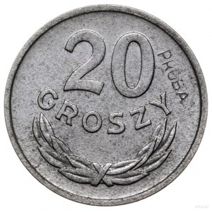 20 groszy 1949, Warszawa; nominał 20, wklęsły napis PRÓ...