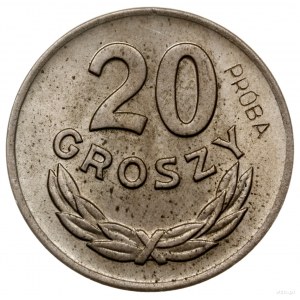 20 groszy 1949, Warszawa; nominał 20, wklęsły napis PRÓ...