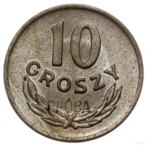 10 groszy 1949, Warszawa; nominał 10, wklęsły napis PRÓ...