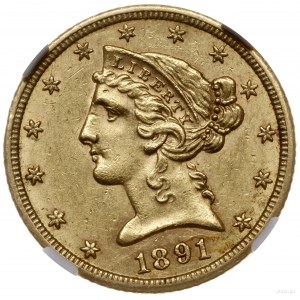 5 dolarów, 1891 CC, mennica Carson City; typ Liberty He...