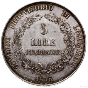 5 lirów (scudo), 1848 M, mennica Mediolan; Davenport 6,...