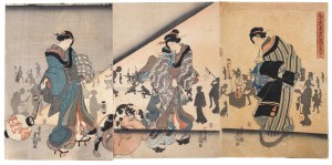 Utagawa Kunisada (1786-1865), [tryptyk] Powrót pięknych kobiet z kąpięli w letnią noc (Shunseki bijo no yugaeri), lata 40. XIX w.