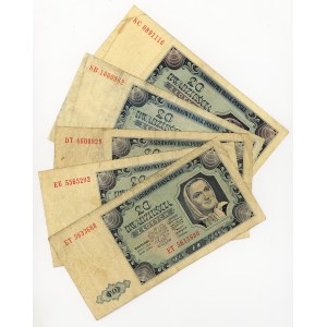 20 zlotých 1948, séria ET, EU, DT, KB, KC, sada 5 kusov