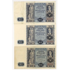20 zlotych 1936,series BB, BW, DH, set of 3 pieces.