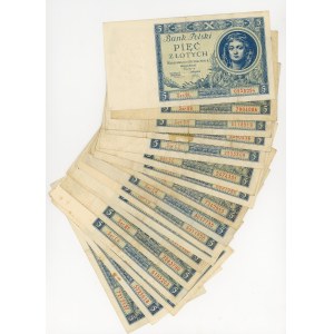 5 or 1930, séries diverses, ensemble de 17 pièces.