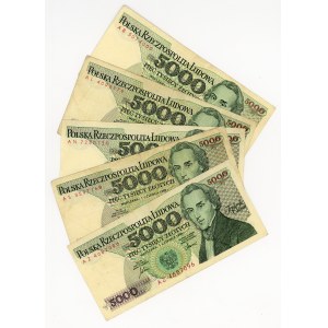 5.000 złotych 1982 - 1986, różne serie, zestaw 5 sztuk