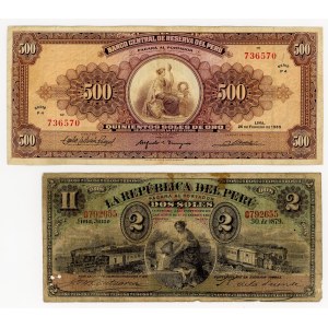 Peru, 2 Salze 1879, 500 Salze 1965, Satz von 2 Banknoten