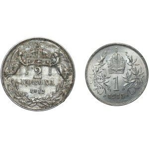 Hungary, 1 and 2 crowns (1912-1915), set of 2 coins