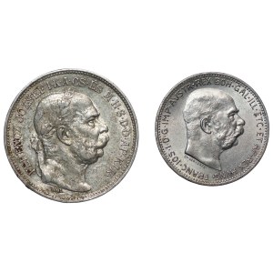 Hungary, 1 and 2 crowns (1912-1915), set of 2 coins