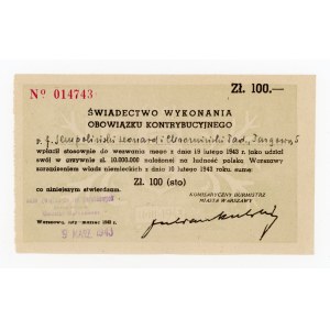 Warsaw, Certificate of fulfillment of the contribution obligation, 100 zł, 1943 (248)