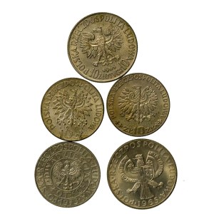 PRL, zestaw 10 i 20 złotych 1965-1973, PRÓBA. Razem 5 szt. (963)