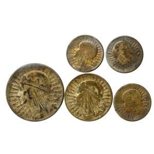 Second Polish Republic, set of 2, 5 zlotych, and 10 zlotych coins, 1932–1934. Total: 5 pieces (965)