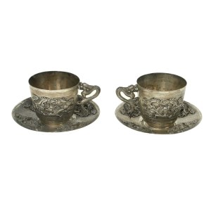 Pair of cups with saucers, silver, China early 20th century. (160)