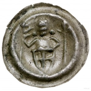 Brakteat, ok. 1247–1258; Długowłosa postać rycerza, trz...