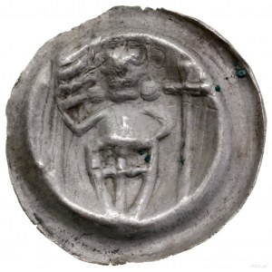 Brakteat, ok. 1247–1258; Długowłosa postać rycerza, trz...