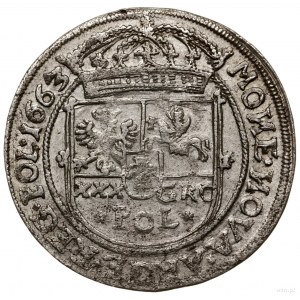 Tymf (złotówka), 1663, mennica Lwów; duża litera R w mo...