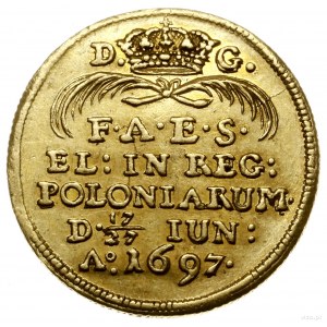 Dukat koronacyjny, 1697, Drezno; Aw: Król na koniu z bu...
