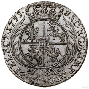 Ort, 1755 EC, Lipsk; małe popiersie króla, obie korony ...