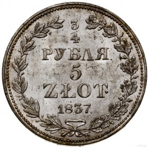 3/4 rubla = 5 złotych, 1837 MW, Warszawa; wąski ogon Or...