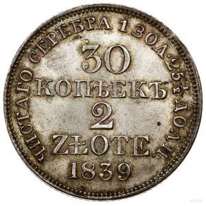 30 kopiejek = 2 złote, 1839 MW, Warszawa; odmiana z ogo...