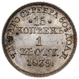 15 kopiejek = 1 złoty, 1839 MW, Warszawa; wariant z kro...