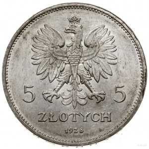 5 złotych, 1928, Bruksela; odmiana bez znaku mennicy za...