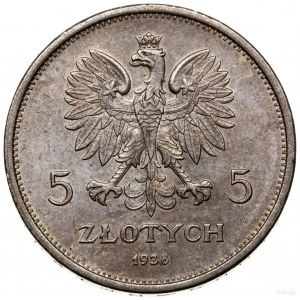 5 złotych, 1928, Warszawa; odmiana ze znakiem mennicy z...