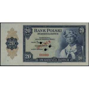 20 złotych, 20.08.1939; numeracja 00000, czerwony ukośn...