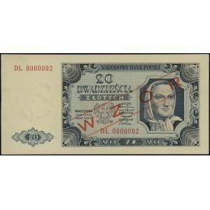 20 złotych, 1.07.1948; seria DL, numeracja 0000002 obus...