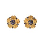 Gold jewelry set: earrings and brooch, France 1960s, Schilling