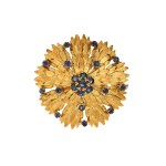 Gold jewelry set: earrings and brooch, France 1960s, Schilling