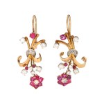 Flower earrings with rubies and diamonds, 1940s