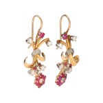 Flower earrings with rubies and diamonds, 1940s
