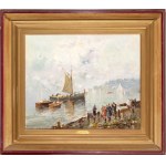 NICOLAS DE CORSI (Odessa 1882 - Torre del Greco 1956), Paysage marin avec plage et trois bateaux, 1923