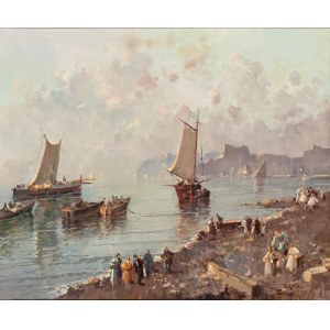 NICOLAS DE CORSI (Odessa 1882 - Torre del Greco 1956), Pejzaż morski z plażą, spacerującymi postaciami i łodziami
