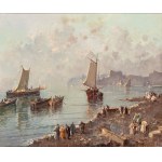 NICOLAS DE CORSI (Odessa 1882 - Torre del Greco 1956), Seascape with beach, figures strolling and boats
