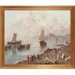 NICOLAS DE CORSI (Odessa 1882 - Torre del Greco 1956), Pejzaż morski z plażą, spacerującymi postaciami i łodziami