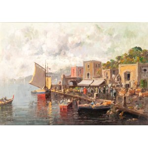 NICOLAS DE CORSI (Odessa 1882 - Torre del Greco 1956), Pejzaż z dokiem, łodziami i sklepami