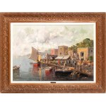 NICOLAS DE CORSI (Odessa 1882 - Torre del Greco 1956), Pejzaż z dokiem, łodziami i sklepami