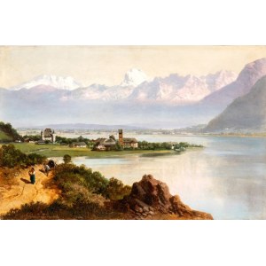 ALBERT AUGUST ZIMMERMANN (Zittau 1808 - Monaco di Baviera 1888), Scena nad jeziorem z górskim krajobrazem