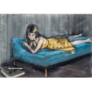 ALBERTO SUGHI (Cesena 1928 - Bologna 2012), Girl lying down with a cigarette and a record player