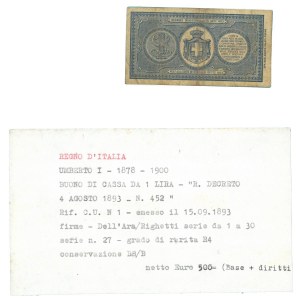 Banknotes - Umberto I (1878-1900) Cash bonds - Lira decr. 04.08.18...