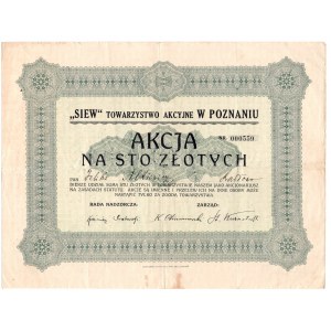 SIEW - Towarzystwo Akcyjne w Poznaniu - 100 złotych - akcja imienna