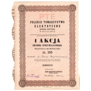 Polskie Towarzystwo Elektryczne PTE S.A. w Warszawie - 100 złotych 1938 - akcja imienna