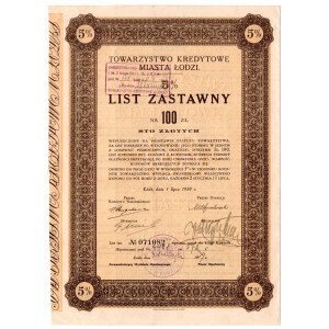 Towarzystwo Kredytowe m. Łodzi - 5 % List zastawny na 100 złotych 1938