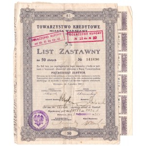 Towarzystwo Kredytowe Miasta Warszawy - 5 % List zastawny na 50 złotych 1924