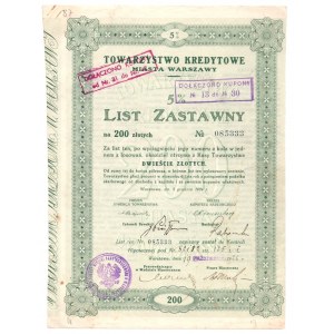 Towarzystwo Kredytowe Miasta Warszawy - 5 % List zastawny na 200 złotych 1924