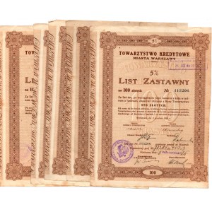 Towarzystwo Kredytowe Miasta Warszawy - 5 % List Zastawny na 100 złotych 1926 - zestaw 5 sztuk