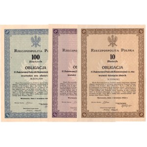 Zestaw 3 sztuk - 5% Państwowej Pożyczki Konwersyjnej 1924 - 10,50 i 100 złotych